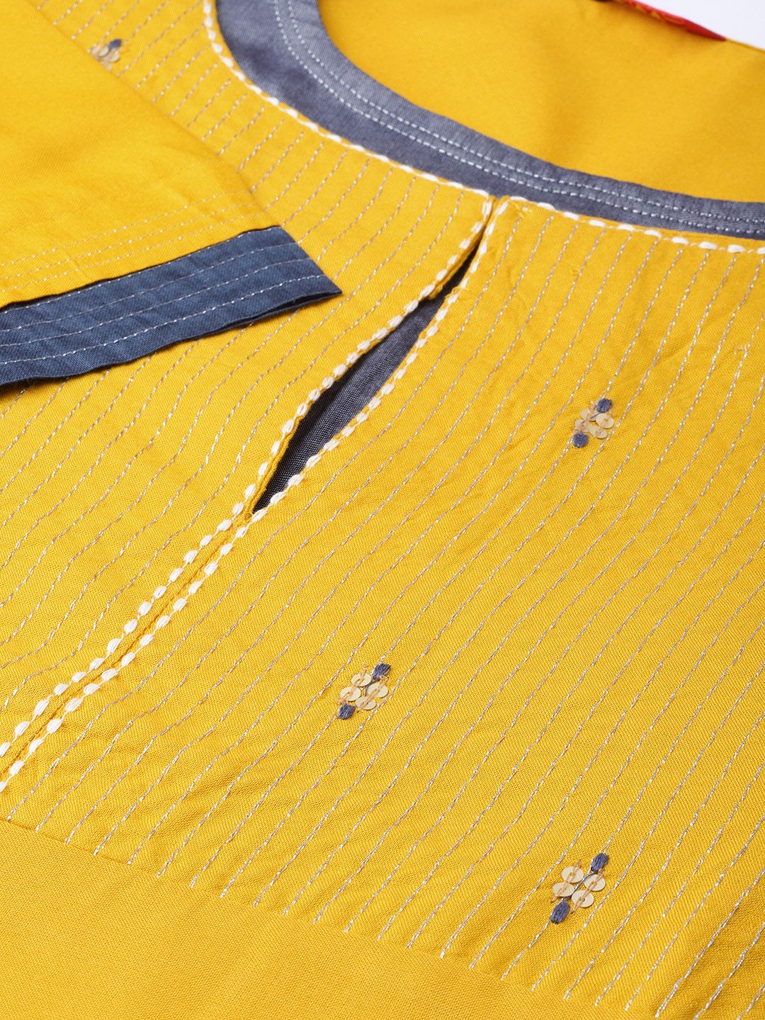 W Women Mustard Yellow Yoke Design Straight Kurta (Image - 1)