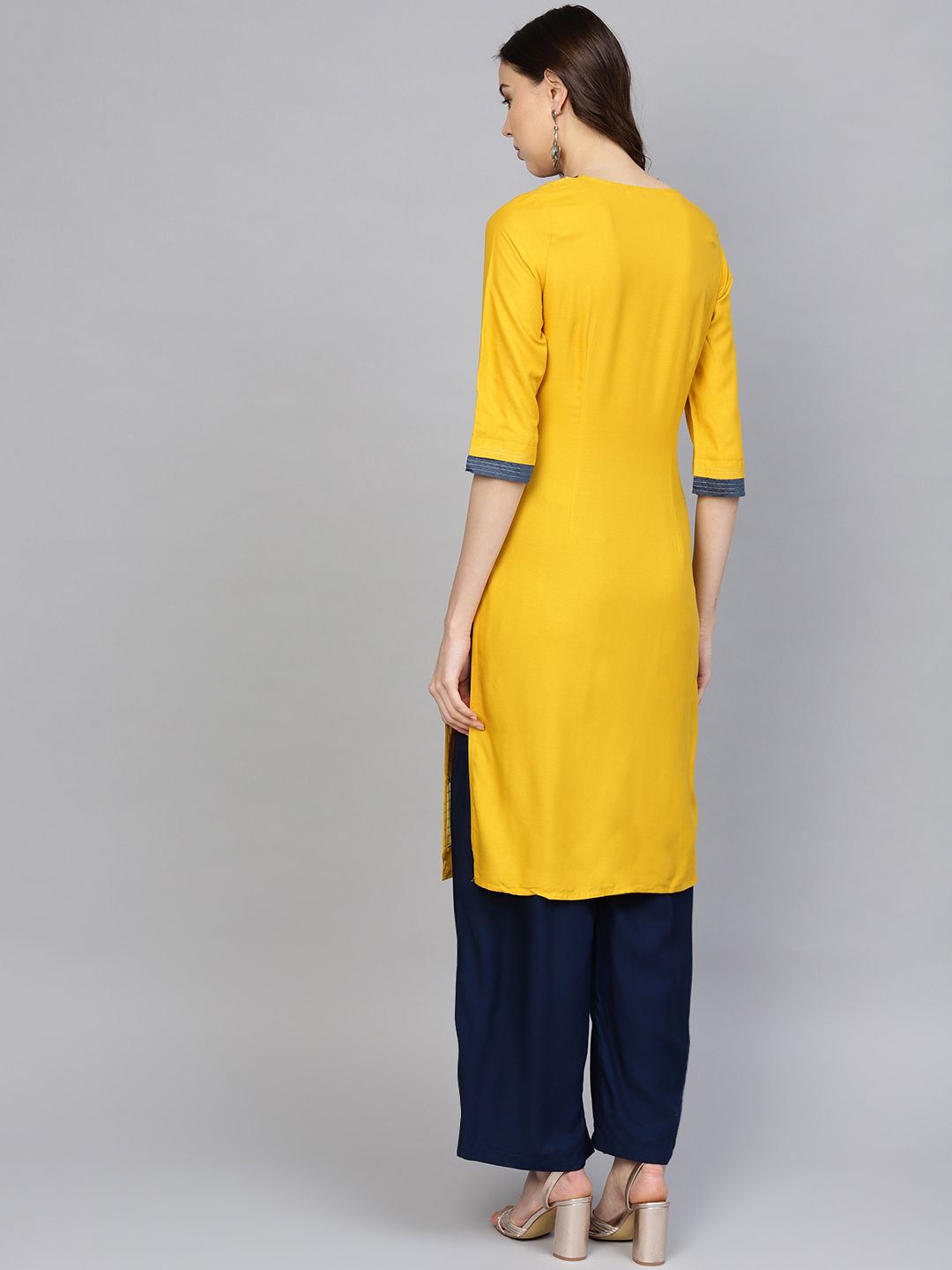 W Women Mustard Yellow Yoke Design Straight Kurta (Image - 3)