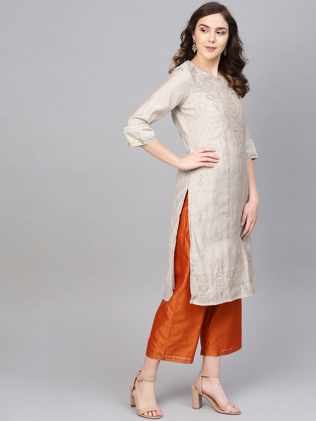 W Women Beige & Golden Printed Straight Kurta (Image - 3)