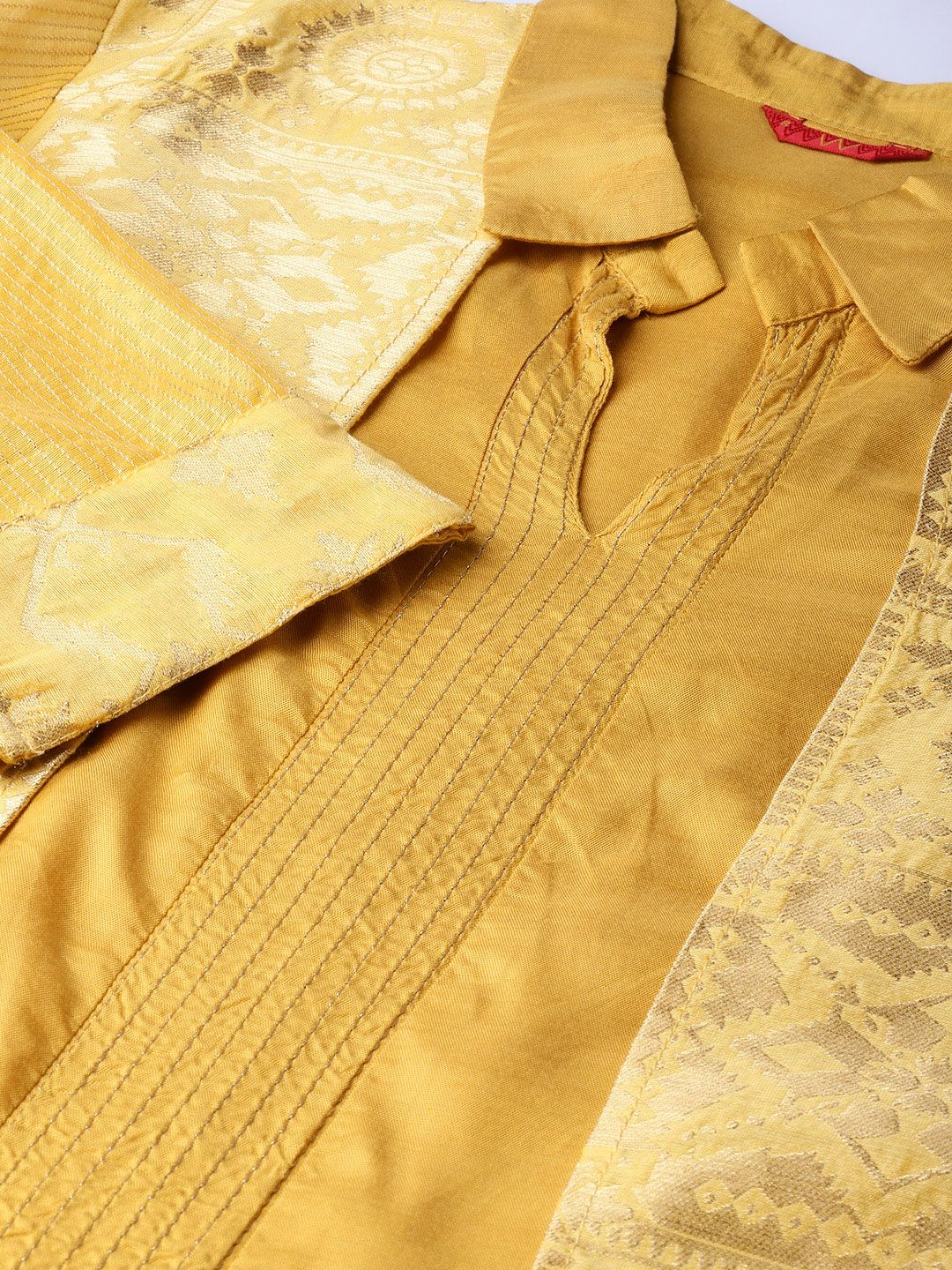 W Women Mustard Yellow & Golden Zari Work Layered Straight Kurta (Image - 1)