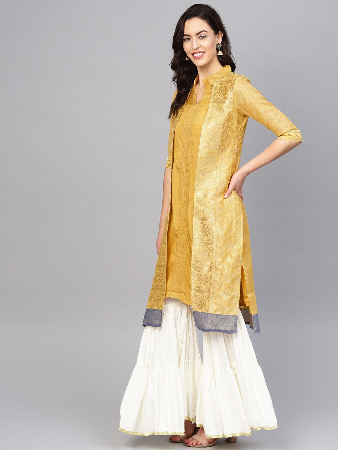 W Women Mustard Yellow & Golden Zari Work Layered Straight Kurta (Image - 2)