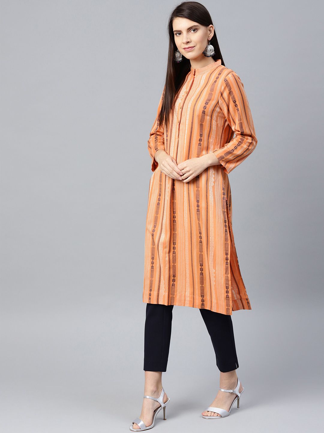 W Women Peach-Coloured & Navy Blue Striped Straight Kurta (Image - 2)