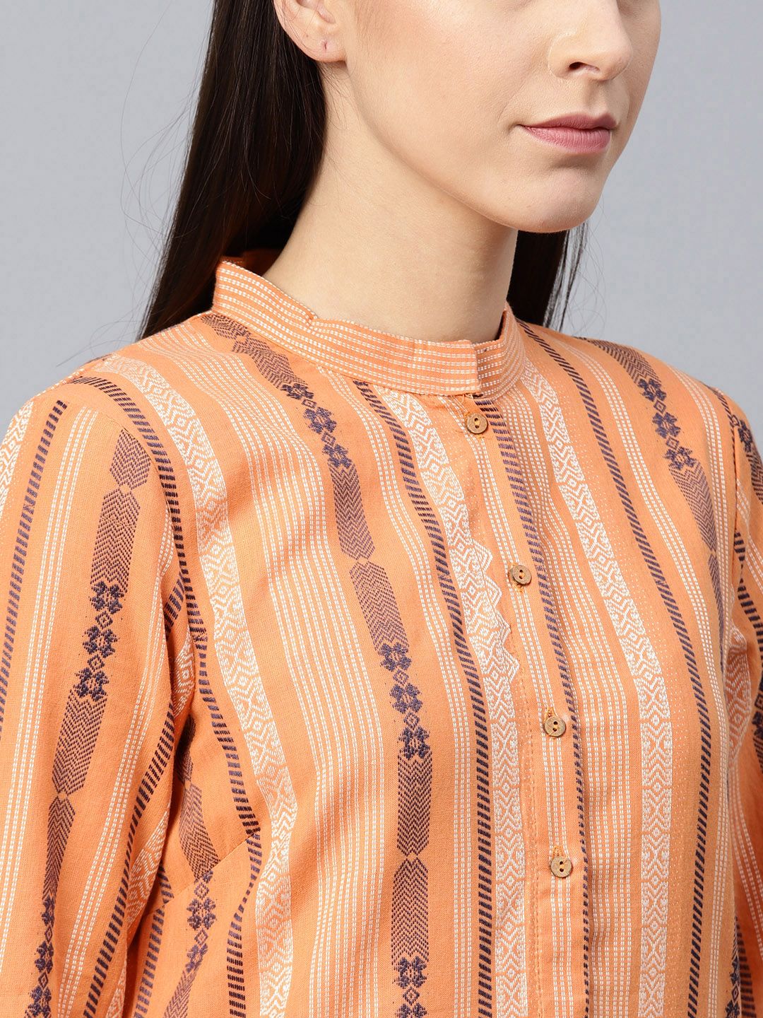 W Women Peach-Coloured & Navy Blue Striped Straight Kurta (Image - 1)