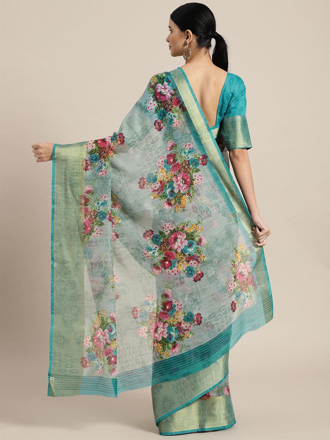 Saree mall Sea Green & Pink Linen Blend Printed Saree (Image - 1)