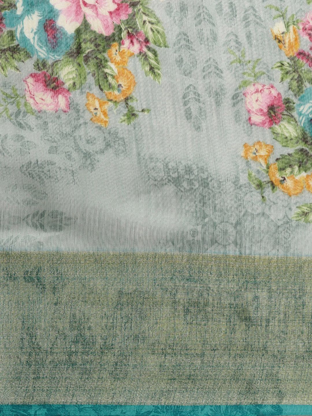 Saree mall Sea Green & Pink Linen Blend Printed Saree (Image - 2)