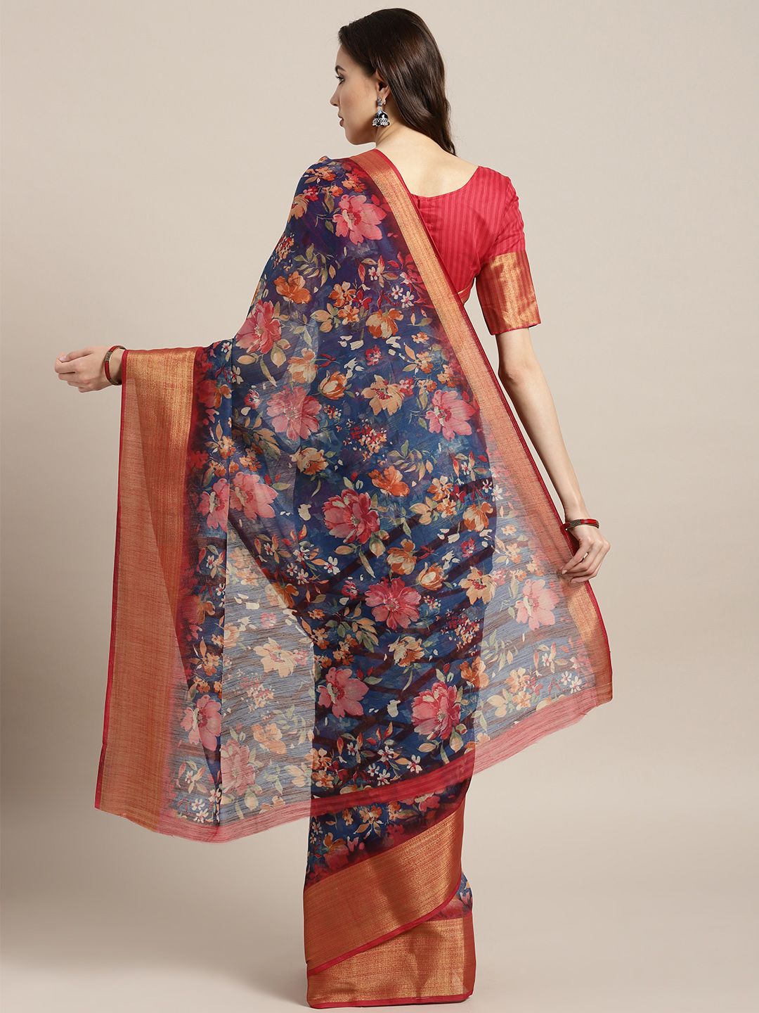 Saree mall Navy Blue & Red Linen Blend Printed Saree (Image - 1)