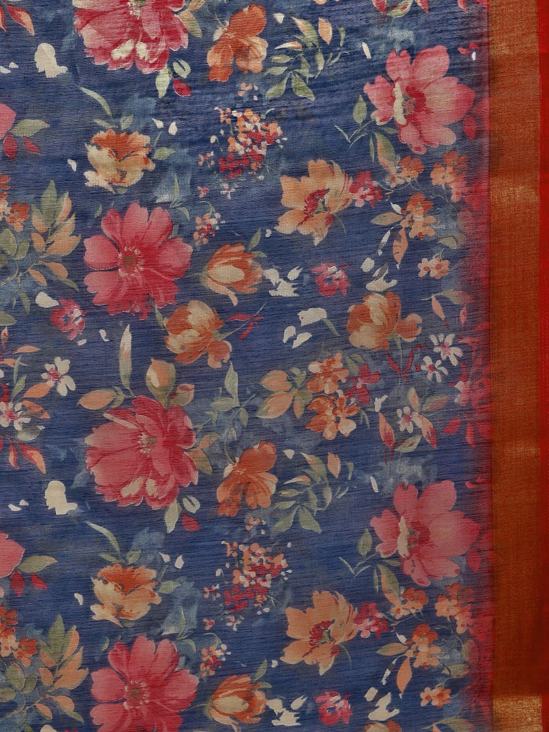 Saree mall Navy Blue & Red Linen Blend Printed Saree (Image - 3)