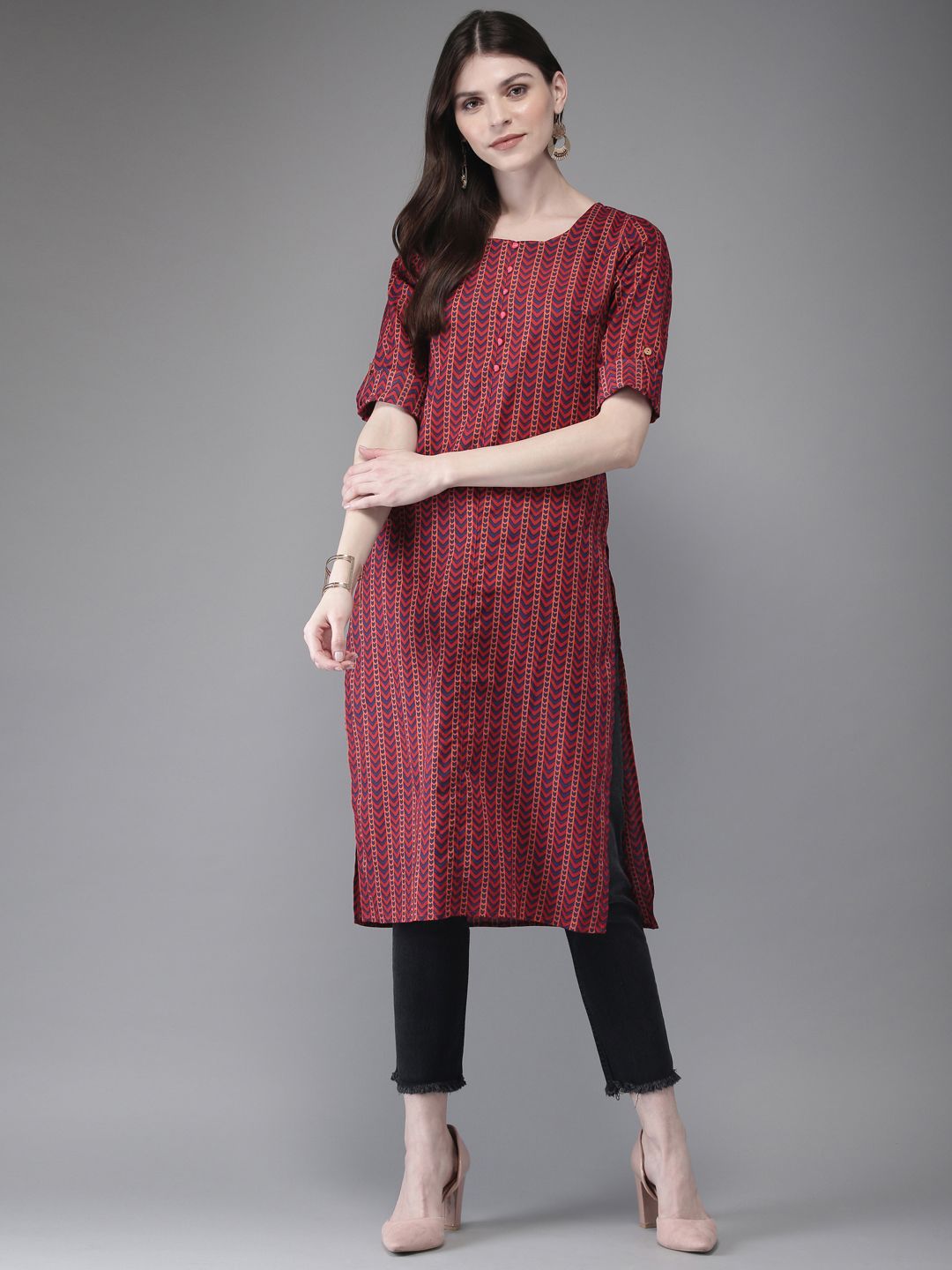 Anouk Women Red & Blue Printed Straight Kurta (Image - 2)