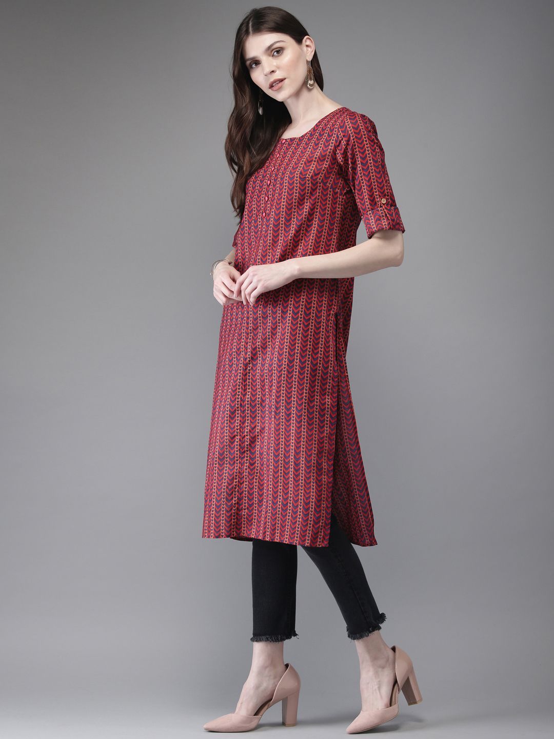 Anouk Women Red & Blue Printed Straight Kurta (Image - 3)