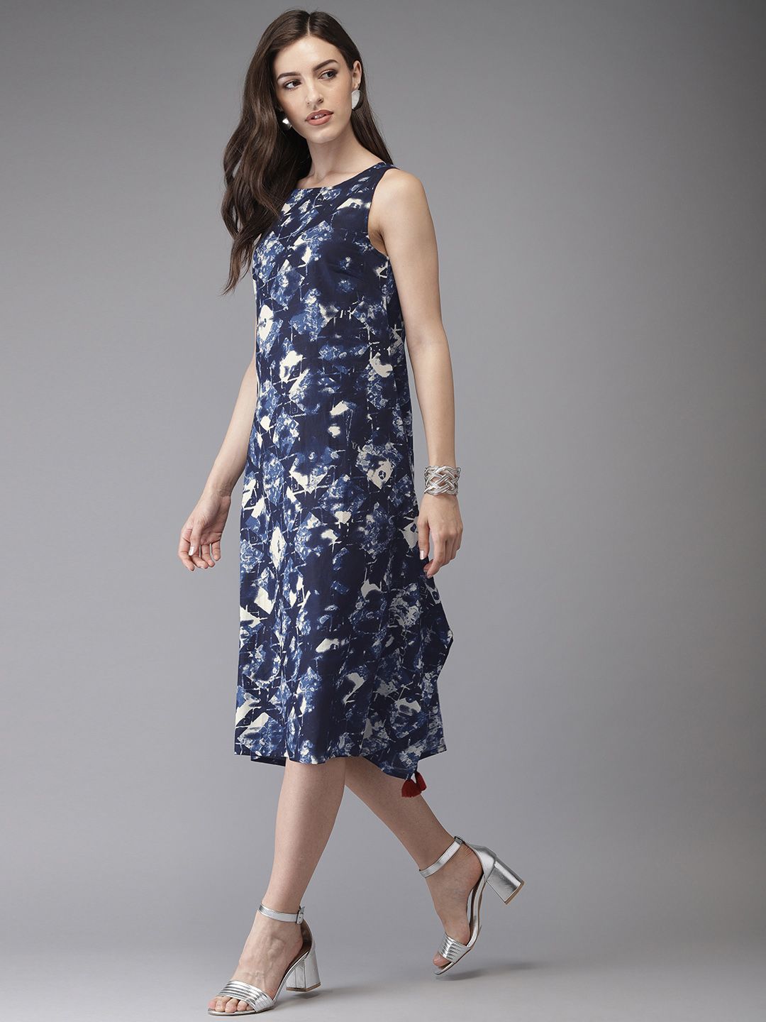 Anouk Women Blue & White Printed Asymmetric A-Line Fusion Kurta (Image - 2)