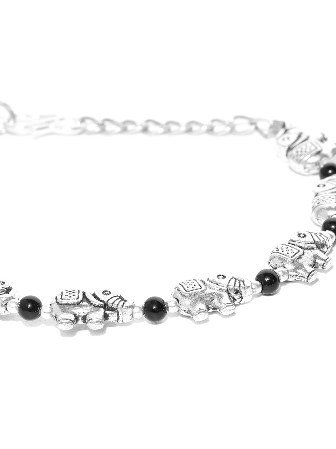 Priyaasi Black Oxidised Silver-Plated Beaded Elephant Shaped Bracelet (Image - 3)