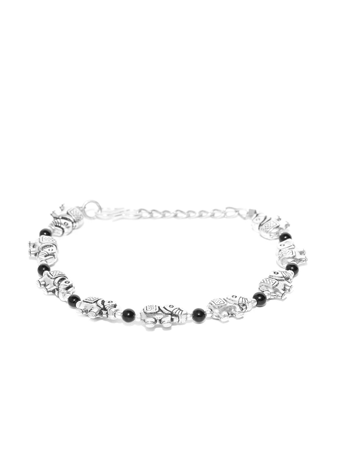 Priyaasi Black Oxidised Silver-Plated Beaded Elephant Shaped Bracelet (Image - 1)