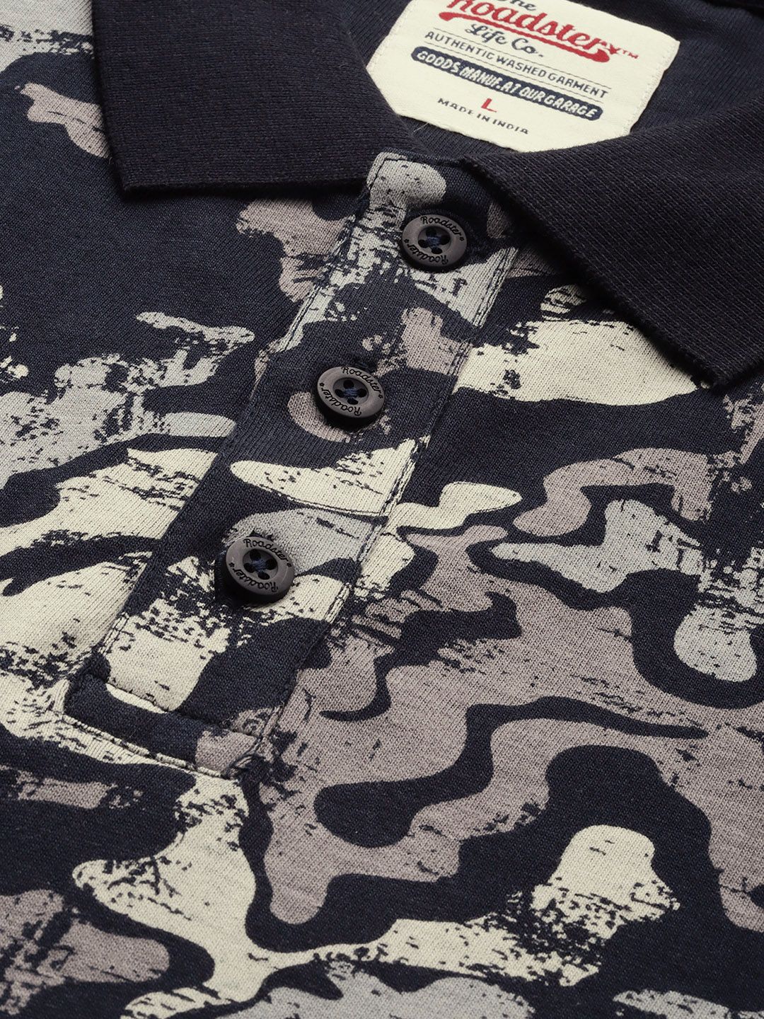 Roadster Men Navy Blue Printed Polo Collar T-shirt (Image - 1)