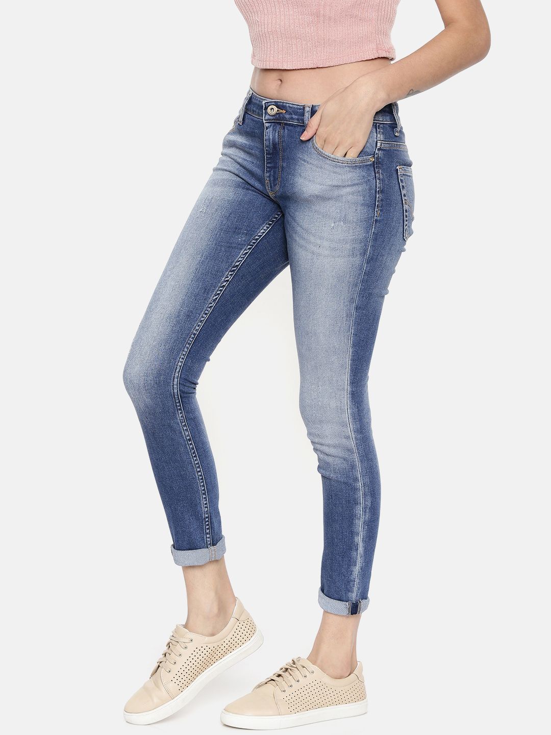 ONLY Women Blue Carmen Regular Skinny Fit Mid-Rise Low Distress Stretchable Jeans (Image - 1)