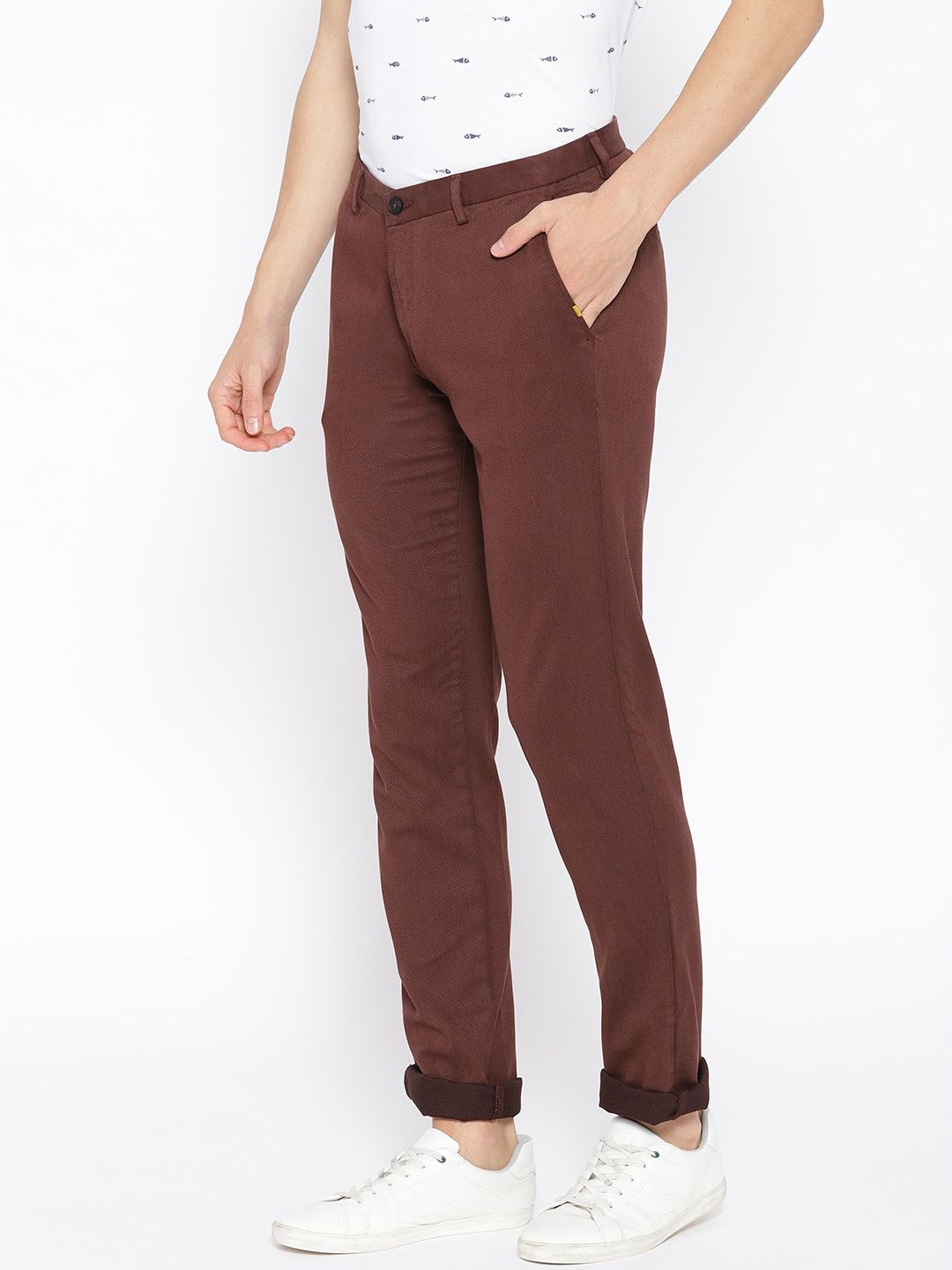 Blackberrys Men Rust Red Roger Slim Fit Self Design Regular Trousers (Image - 1)