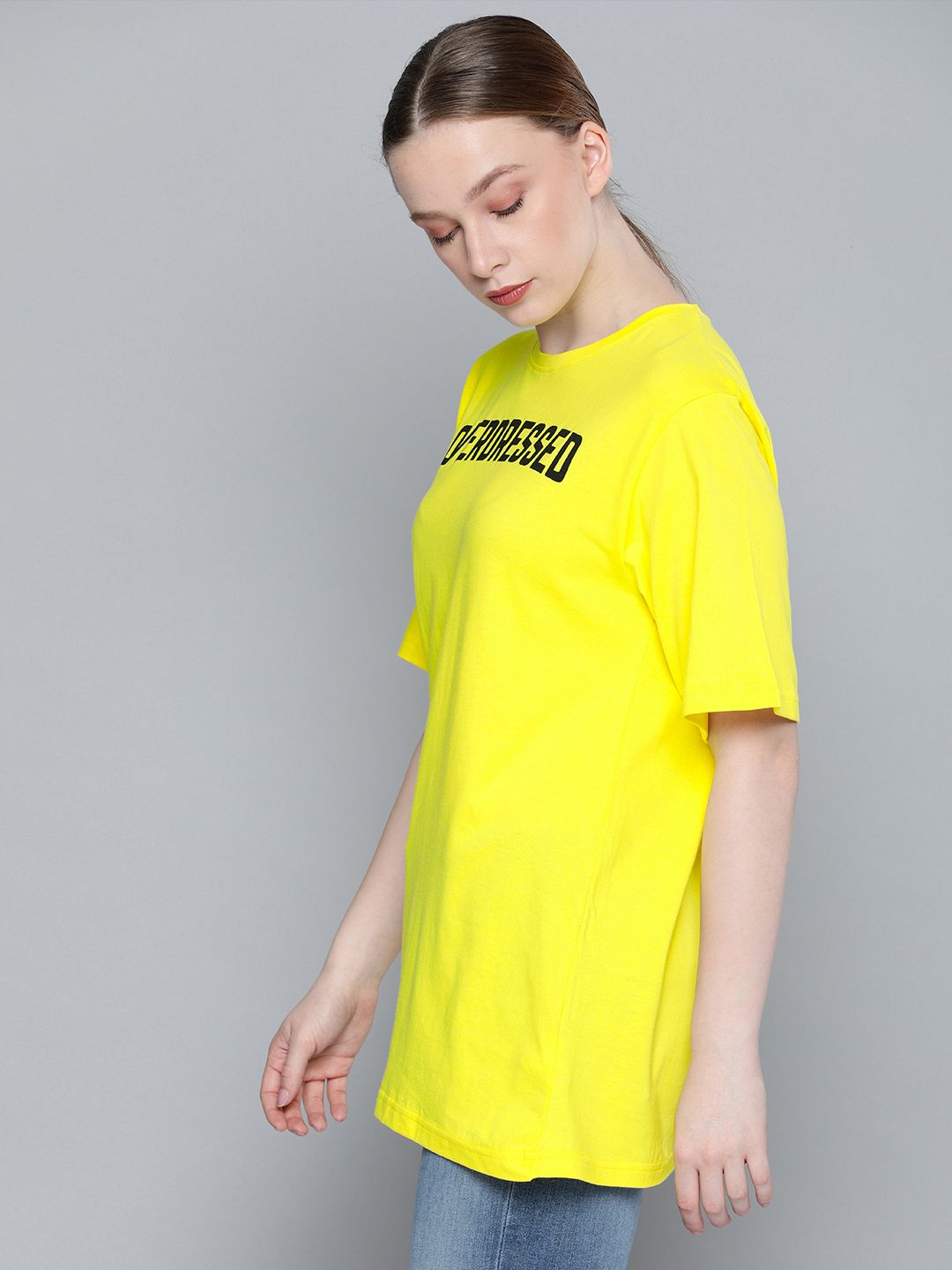 DILLINGER Women Yellow Boxy Fit Printed Round Neck Longline T-shirt (Image - 2)