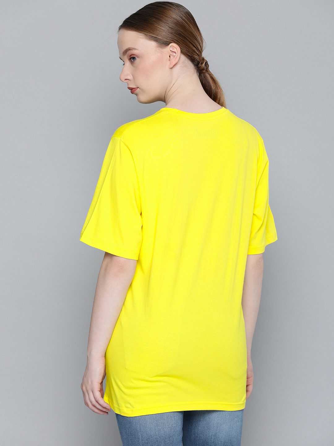 DILLINGER Women Yellow Boxy Fit Printed Round Neck Longline T-shirt (Image - 3)