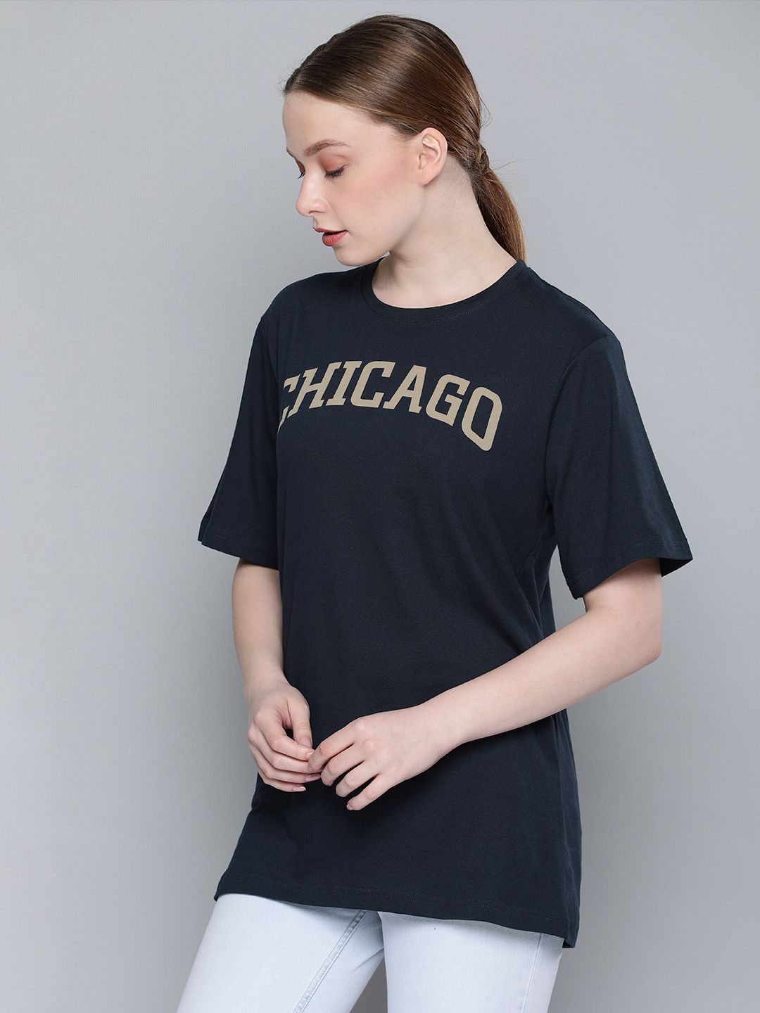 DILLINGER Women Navy Blue Printed Round Neck Longline T-shirt (Image - 2)