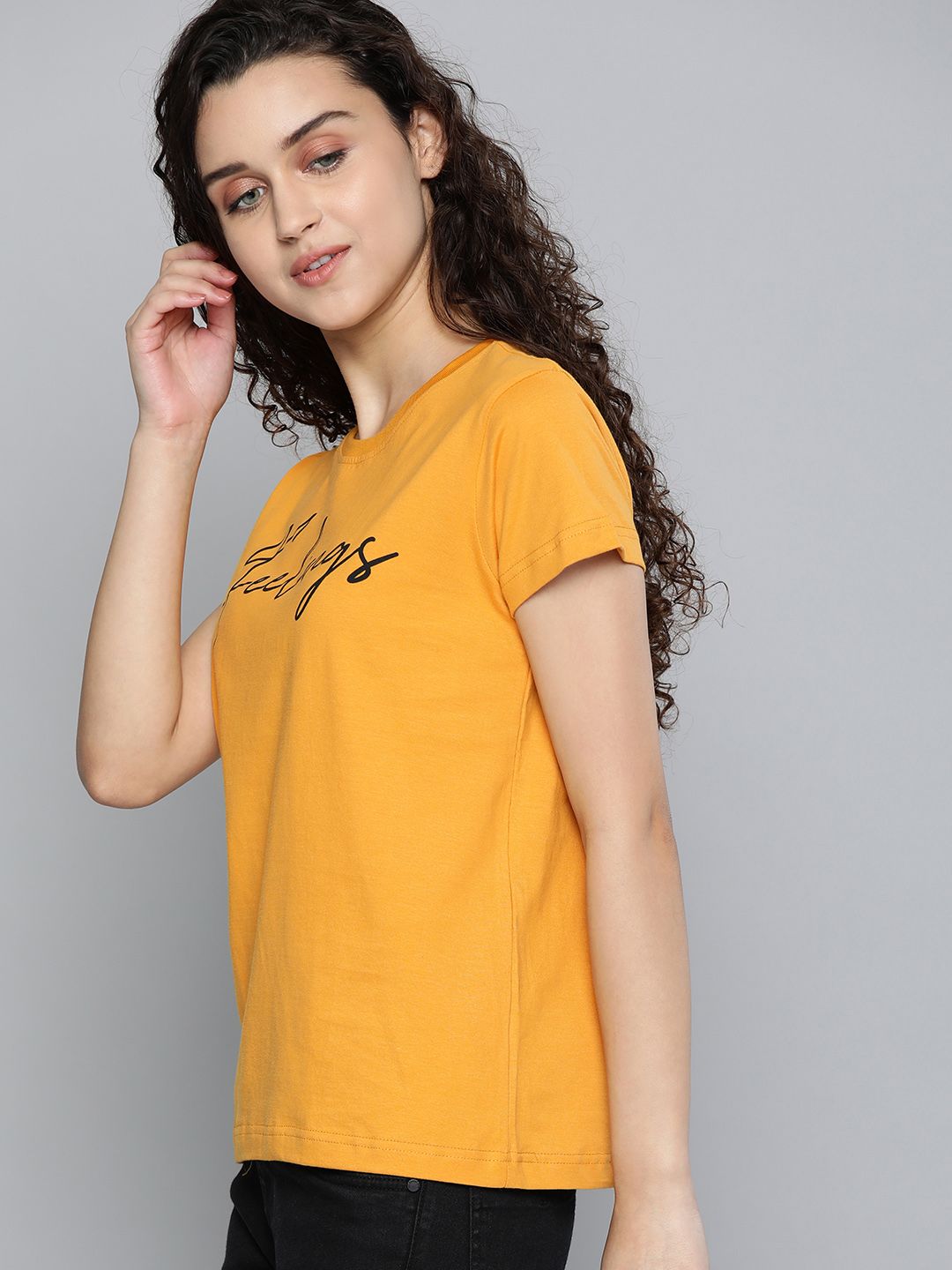 DILLINGER Women Mustard Yellow Printed Round Neck T-shirt (Image - 2)
