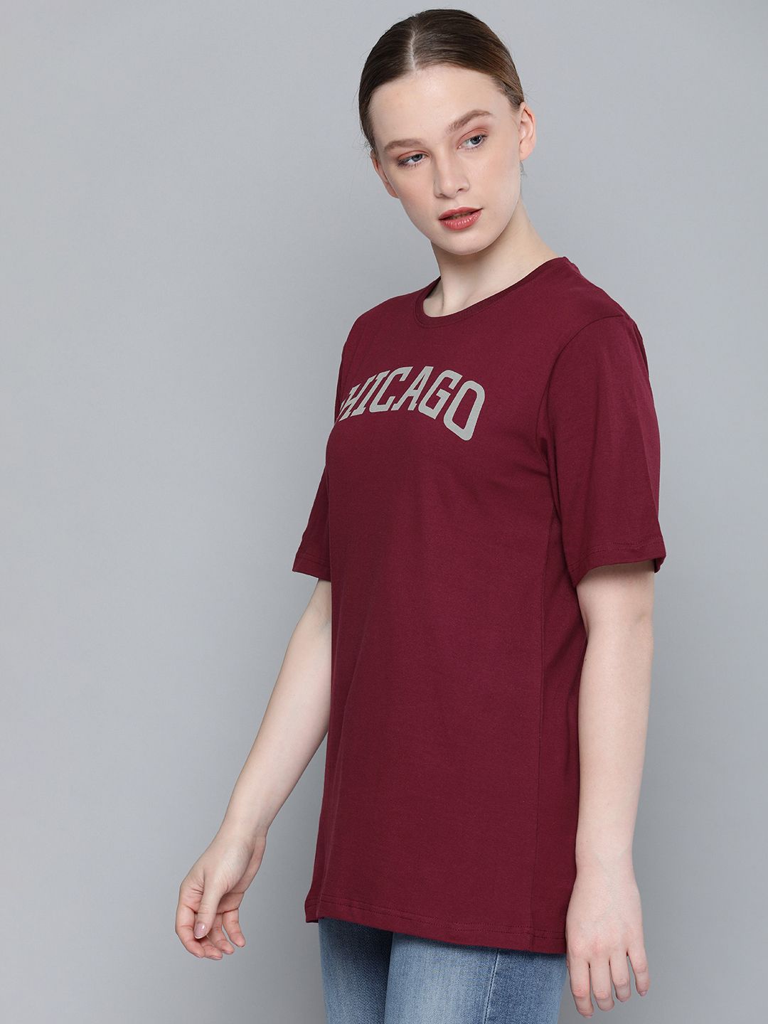 DILLINGER Women Burgundy Printed Round Neck Longline T-shirt (Image - 3)