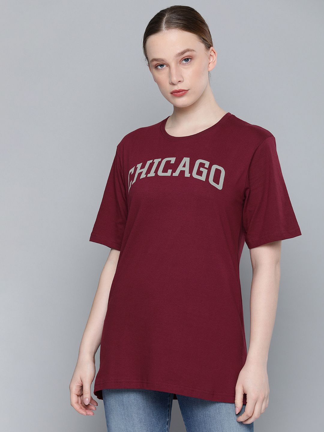 DILLINGER Women Burgundy Printed Round Neck Longline T-shirt (Image - 2)