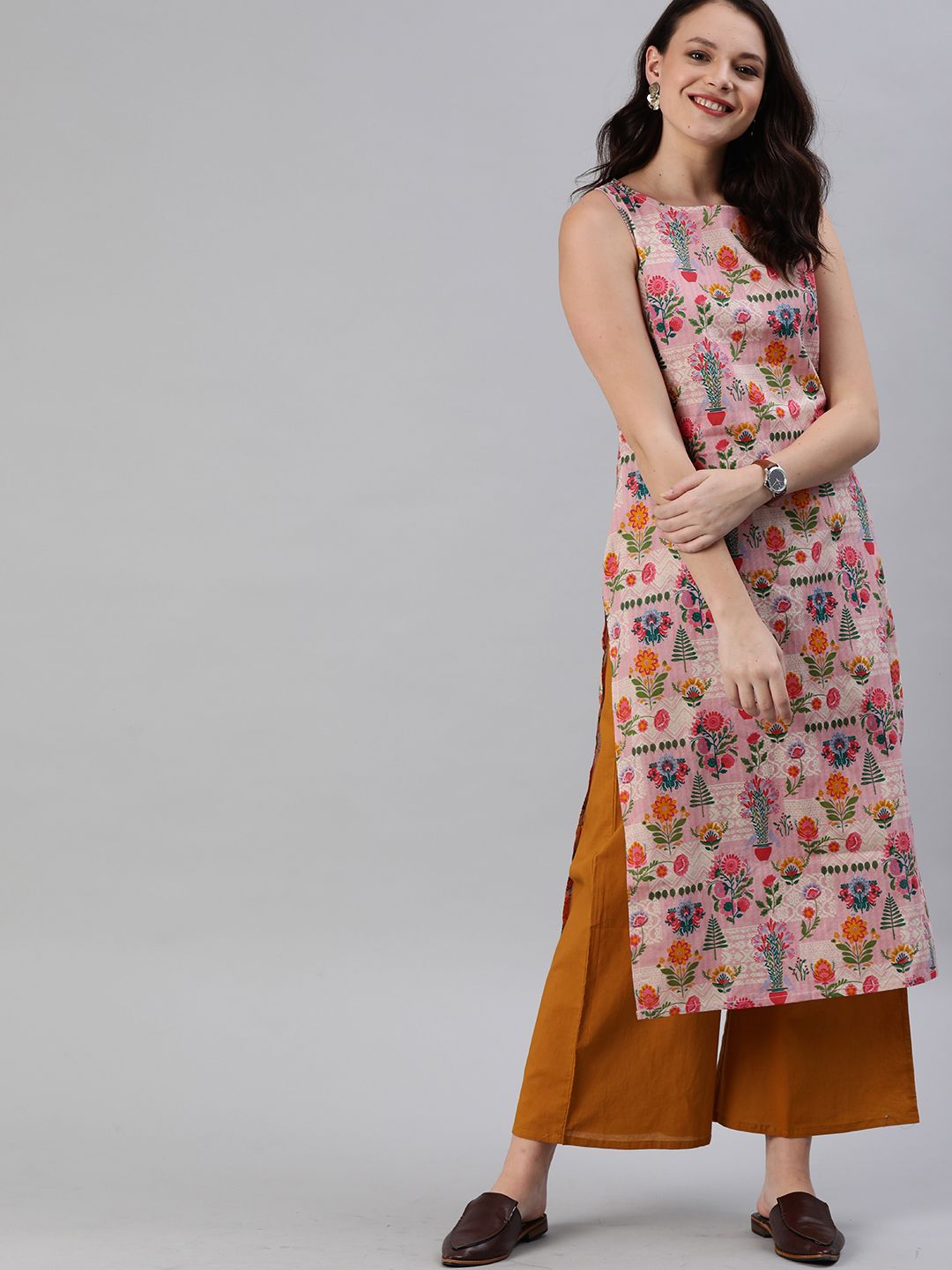 Anouk Women Pink & Mustard Yellow Printed Straight Kurta (Image - 2)