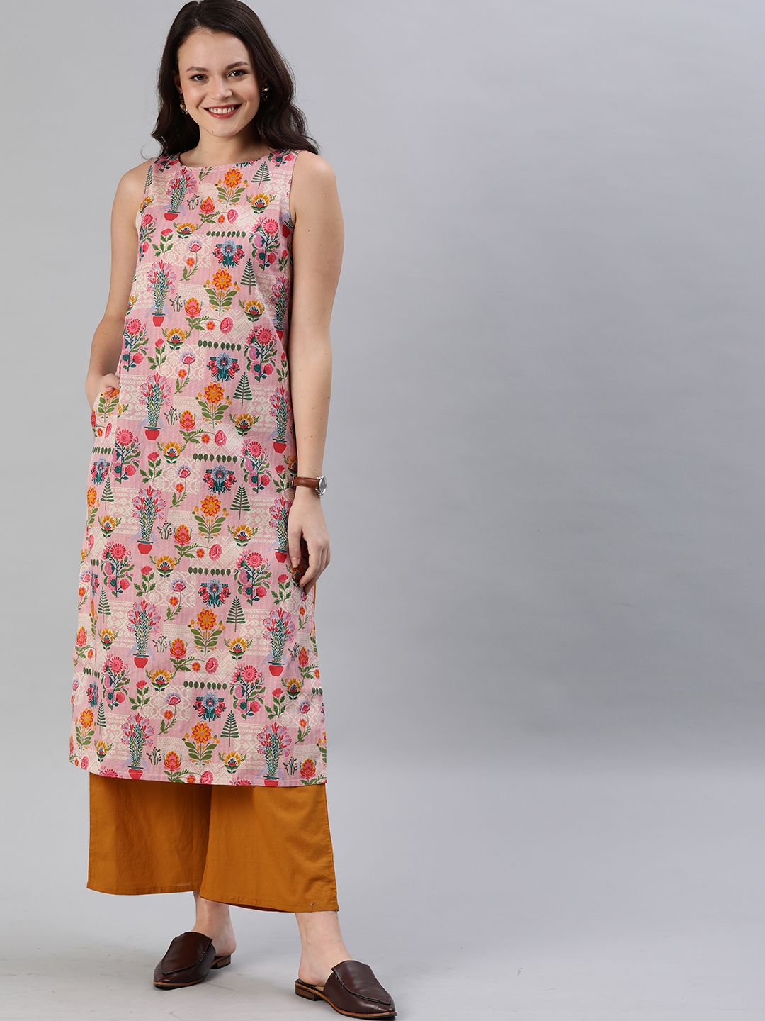 Anouk Women Pink & Mustard Yellow Printed Straight Kurta (Image - 3)