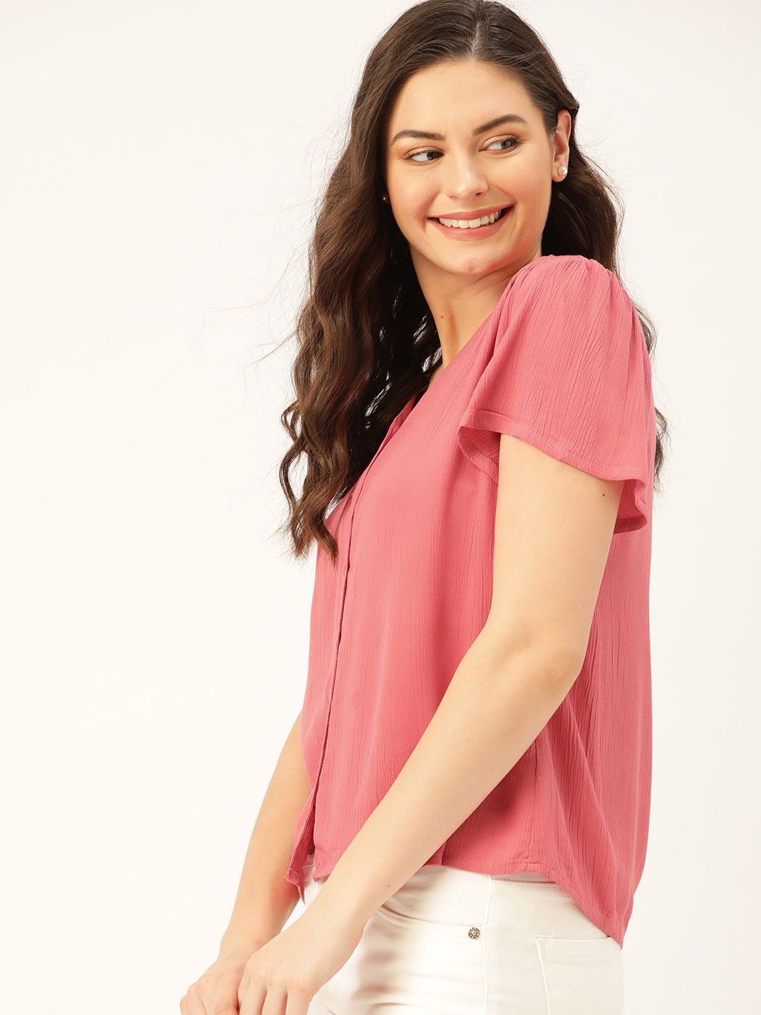 DressBerry Women Pink Crinkled Solid Top (Image - 2)