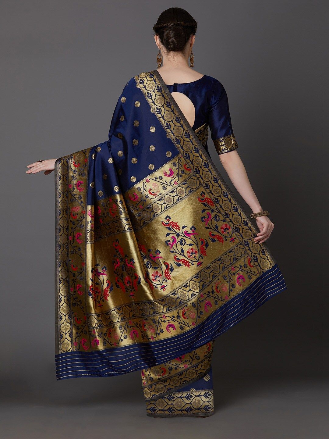 Mitera Navy Blue & Gold-Toned Silk Blend Woven Design Banarasi Saree (Image - 3)