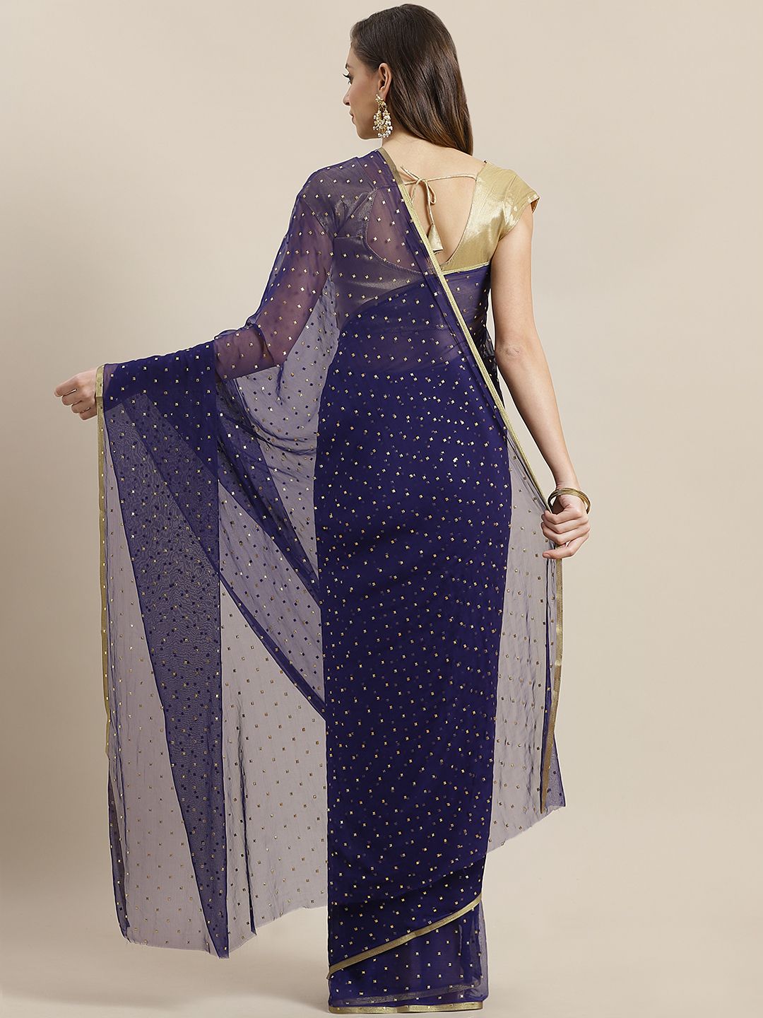 Ishin Navy Blue & Golden Embellished Saree (Image - 1)
