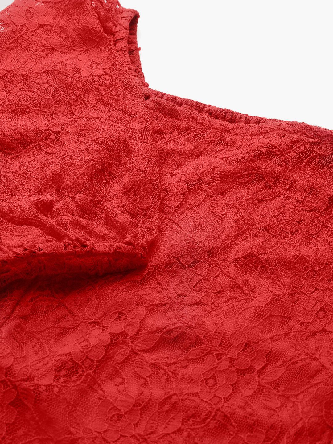 DressBerry Women Red Floral Self-Design Smocked Lace Top (Image - 1)