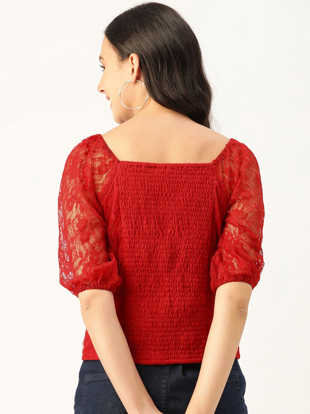 DressBerry Women Red Floral Self-Design Smocked Lace Top (Image - 3)