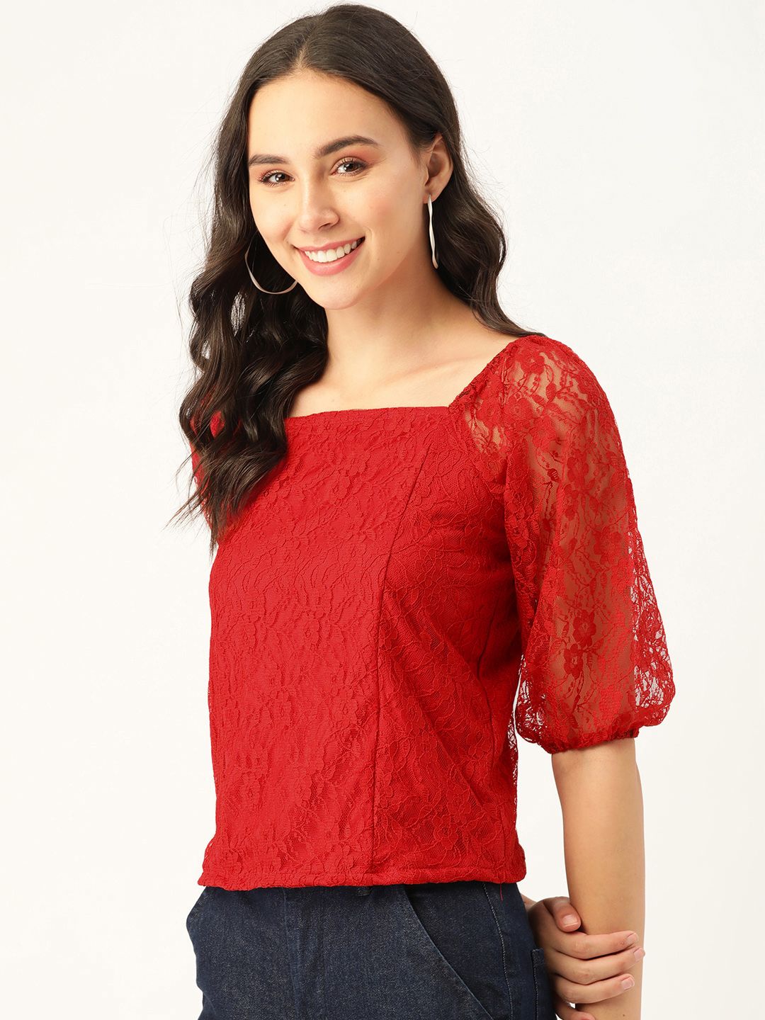 DressBerry Women Red Floral Self-Design Smocked Lace Top (Image - 2)
