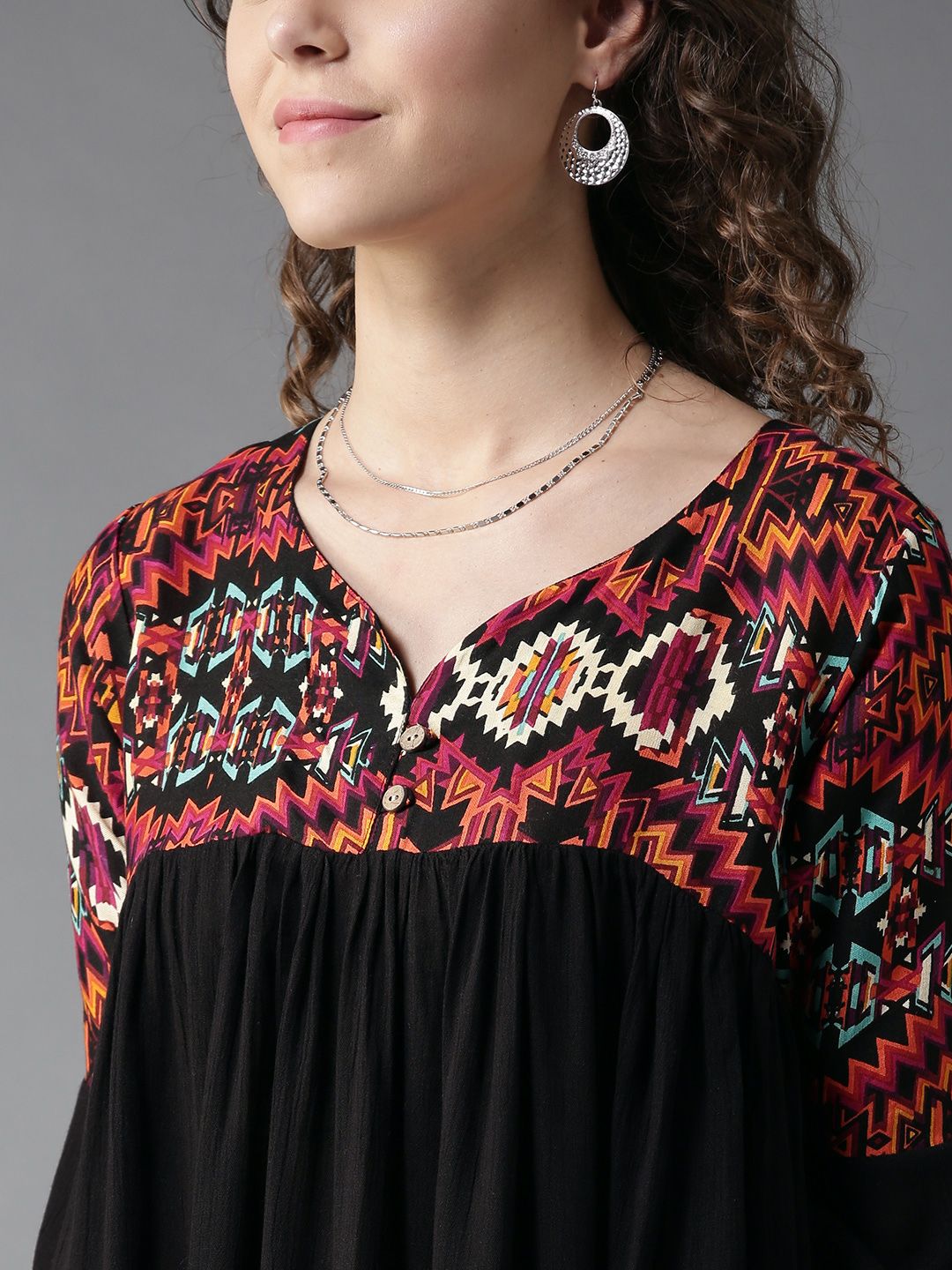HERE&NOW Women Black Printed Top With Bell Sleeves (Image - 1)