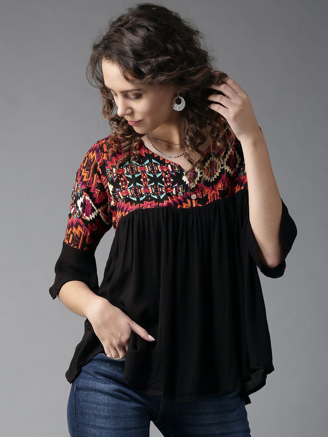 HERE&NOW Women Black Printed Top With Bell Sleeves (Image - 2)