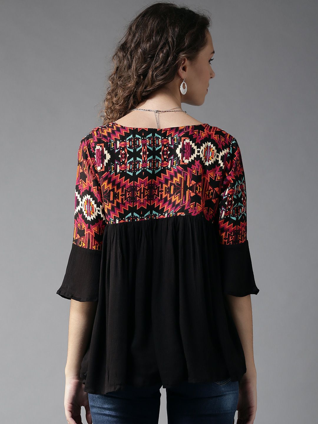 HERE&NOW Women Black Printed Top With Bell Sleeves (Image - 3)