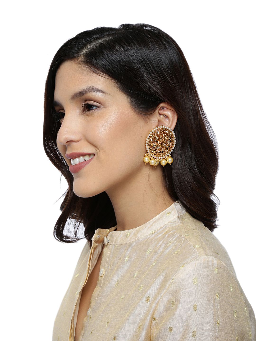 Zaveri Pearls Gold-Plated Circular Drop Earrings (Image - 3)