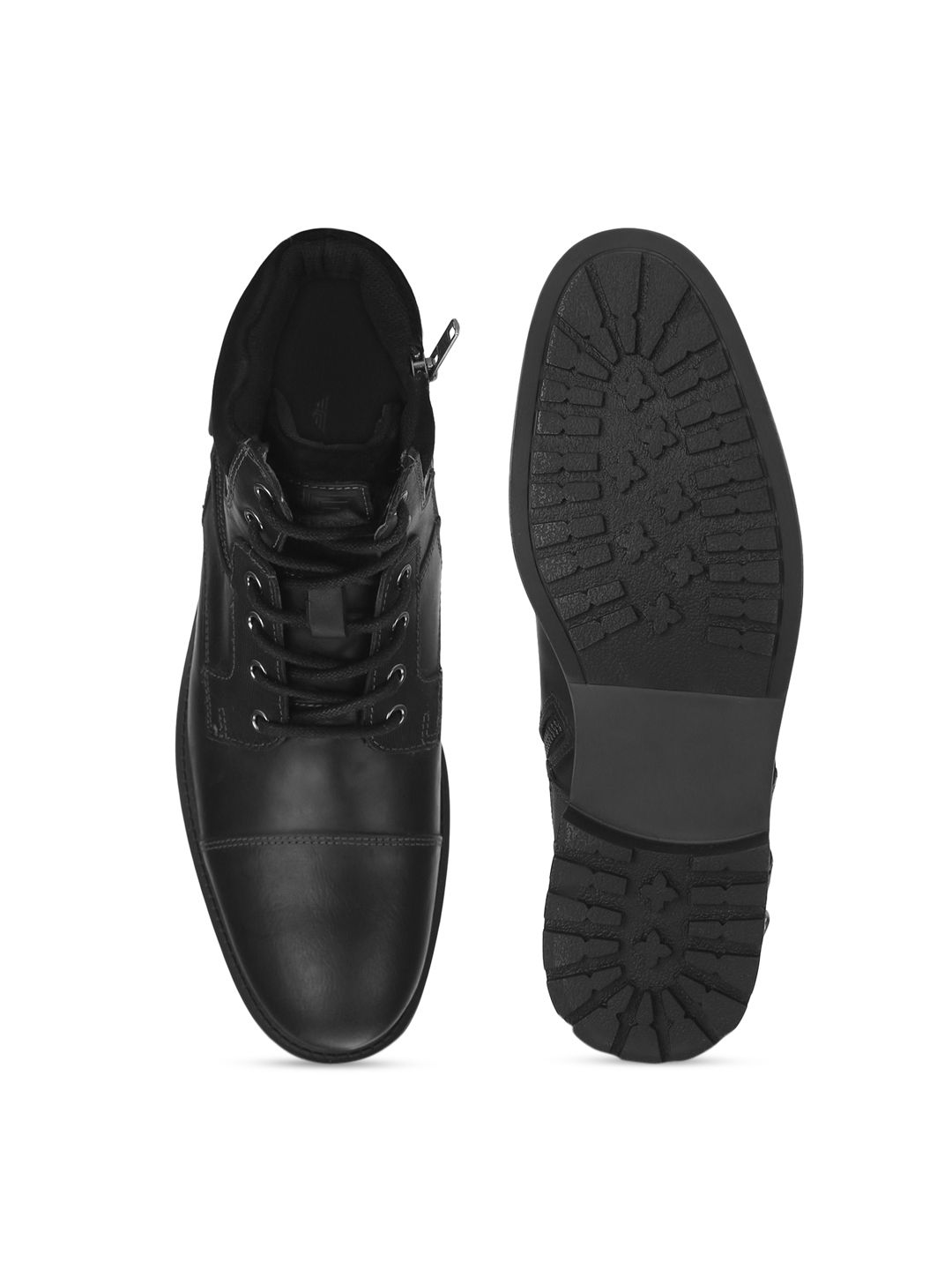 Red Tape Men Black Solid Leather High-Top Flat Boots (Image - 3)