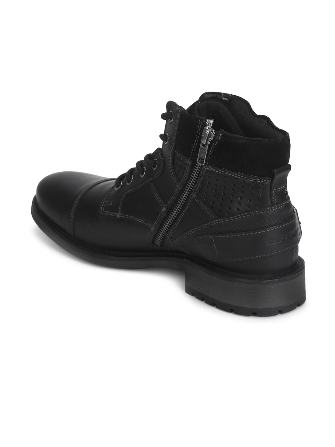 Red Tape Men Black Solid Leather High-Top Flat Boots (Image - 1)