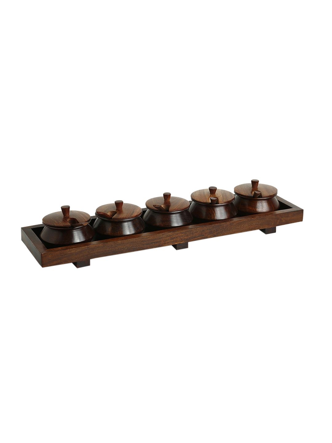 ExclusiveLane Set Of 5 Brown Solid Handcrafted Jar Set With Tray & Spoons (Image - 2)