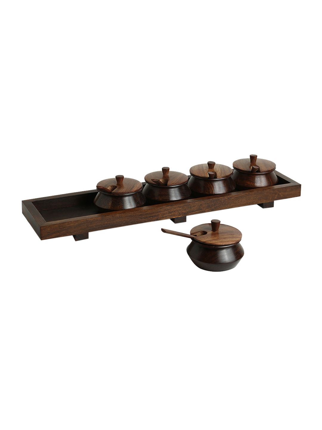 ExclusiveLane Set Of 5 Brown Solid Handcrafted Jar Set With Tray & Spoons (Image - 1)