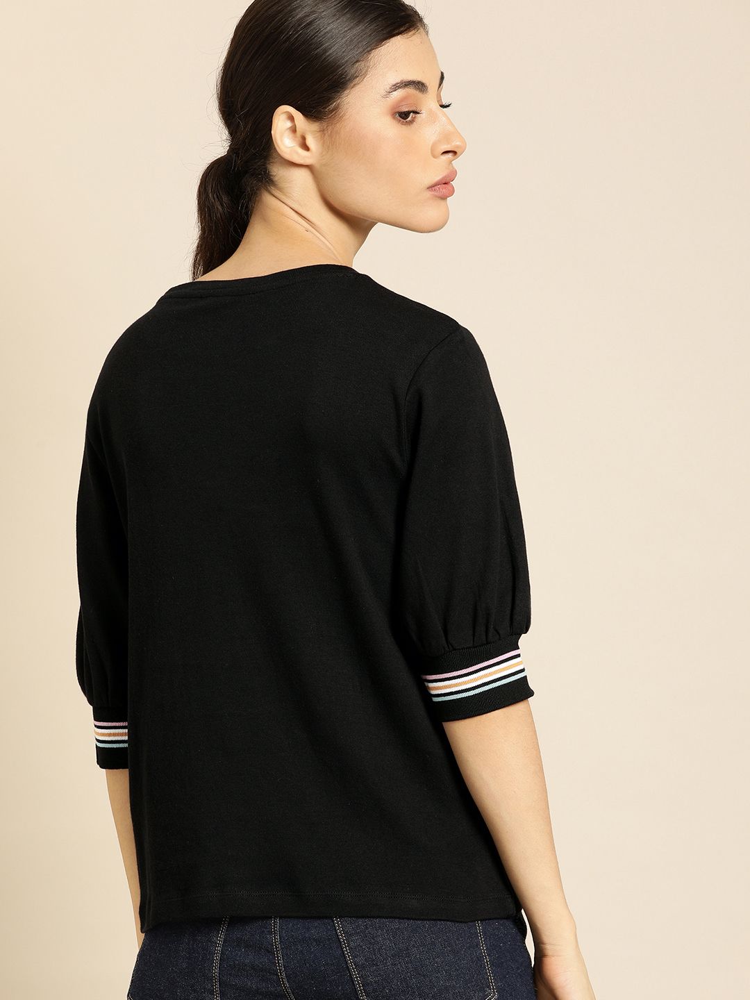 ether Women Black Solid Round Neck Puffed Sleeve T-shirt (Image - 3)