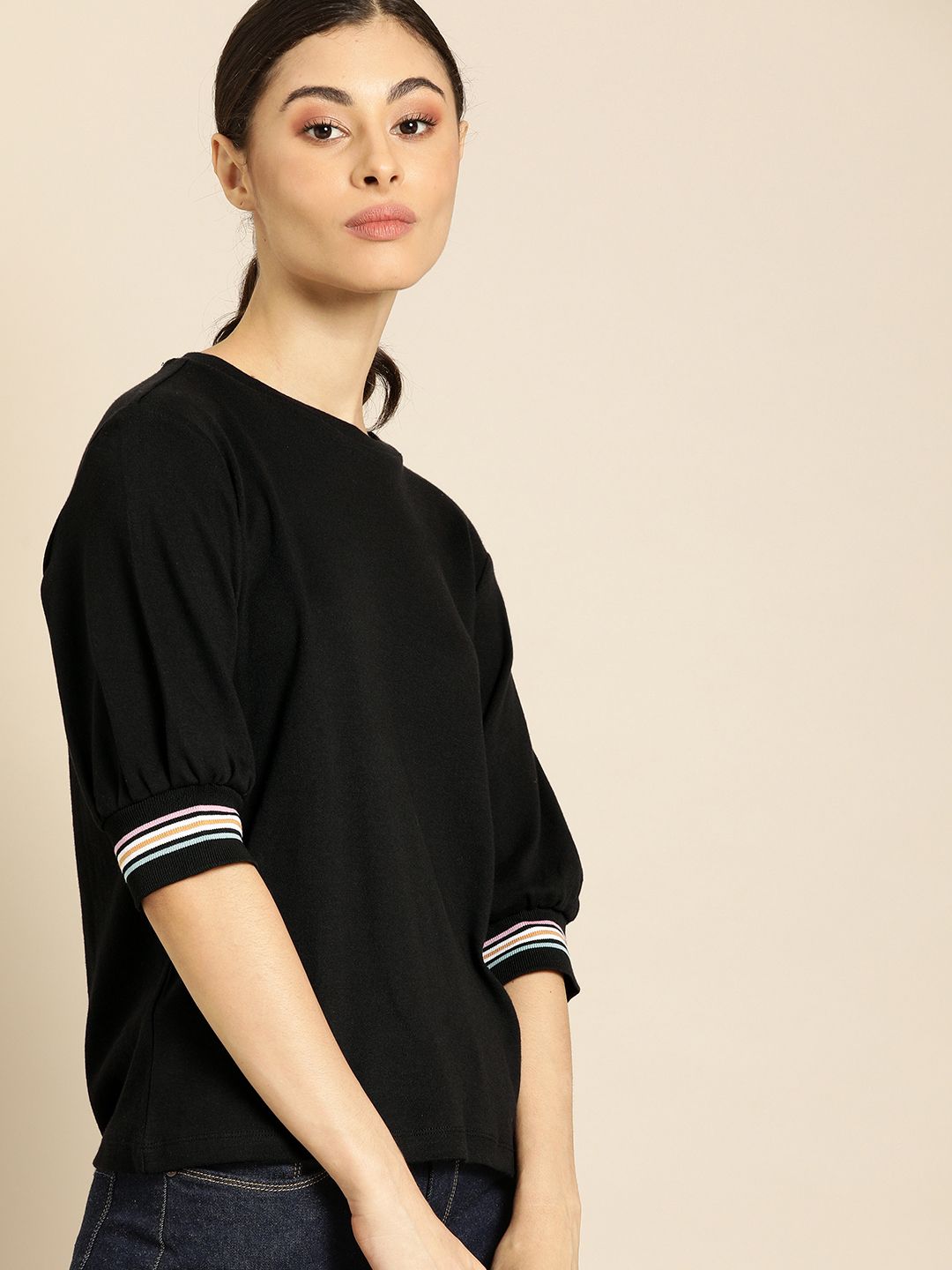 ether Women Black Solid Round Neck Puffed Sleeve T-shirt (Image - 2)