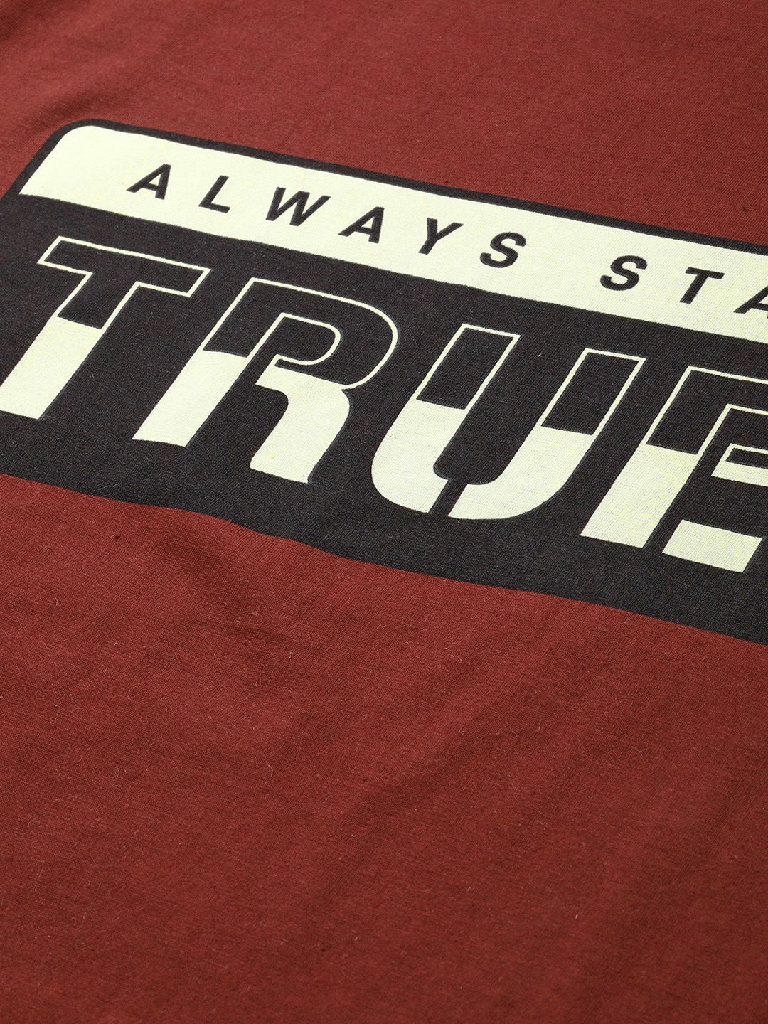 HERE&NOW Men Maroon & Black Typography Print Pure Cotton Round Neck T-shirt (Image - 1)