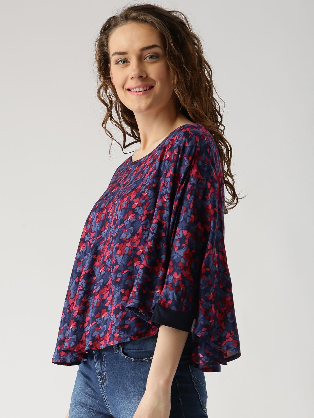 Marie Claire Women Blue & Red Floral Print Cape Top (Image - 1)
