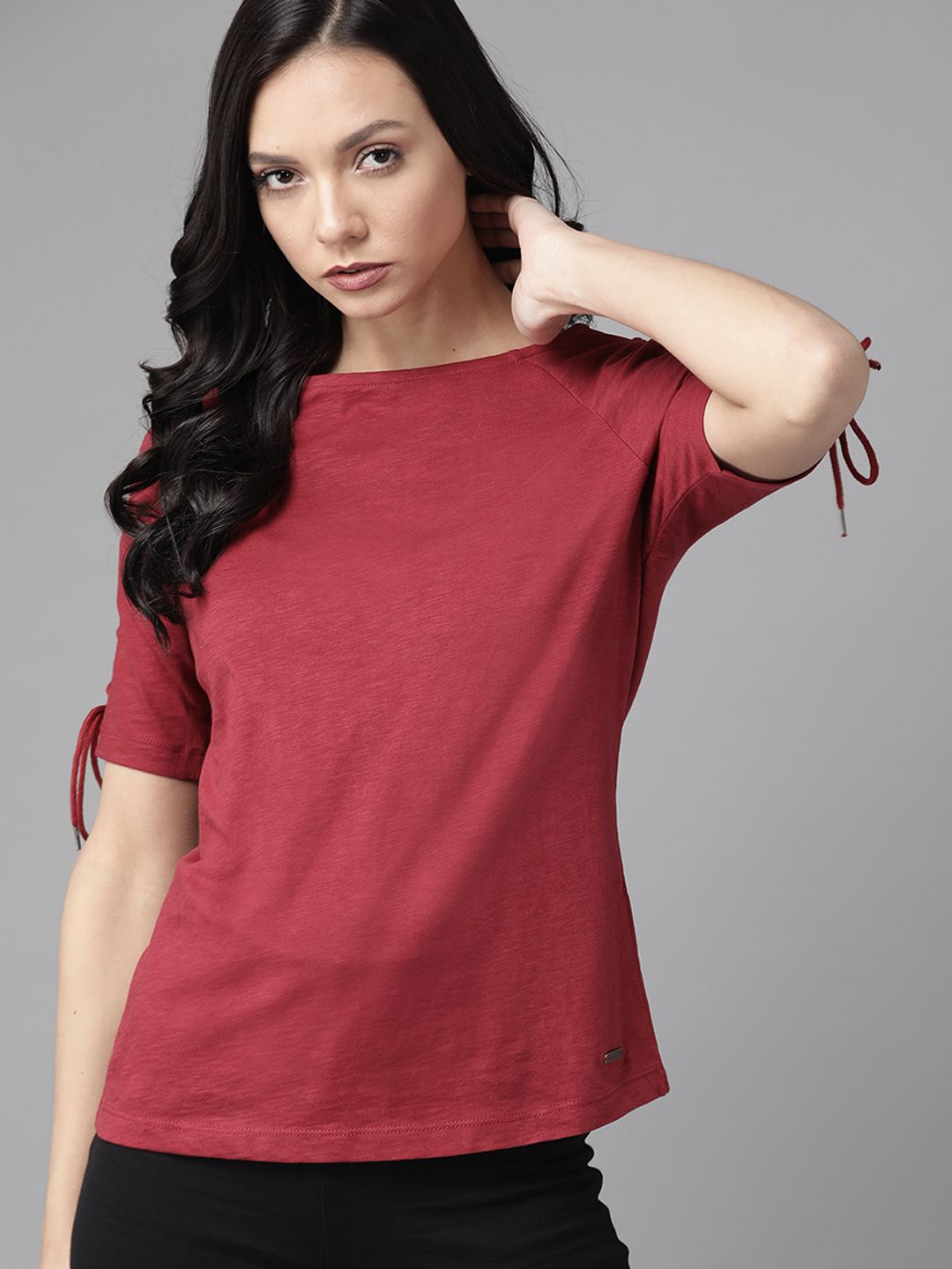Roadster Women Maroon Solid Lace-Up Sleeved T-shirt (Image - 2)