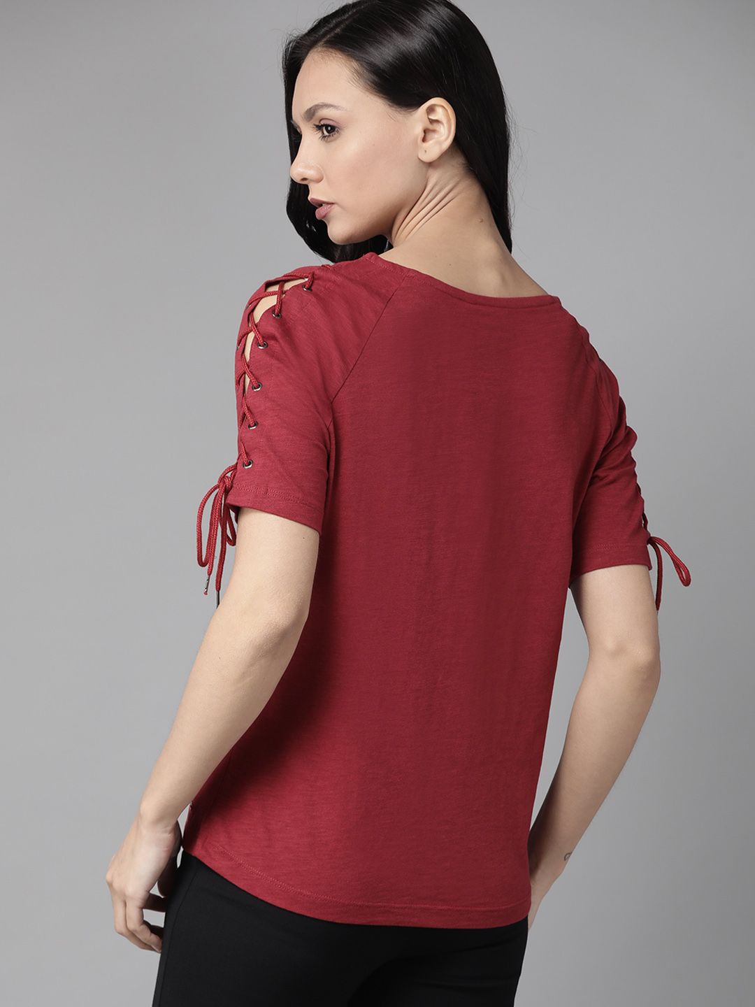 Roadster Women Maroon Solid Lace-Up Sleeved T-shirt (Image - 3)