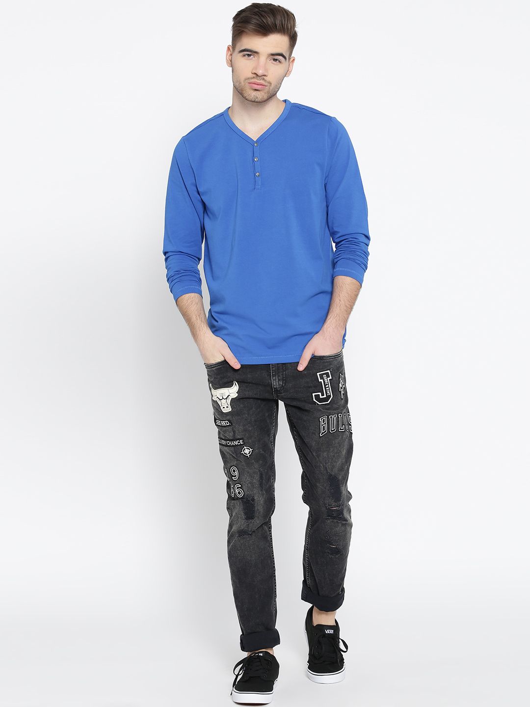 Jack & Jones Men Blue Solid Henley Neck T-shirt (Image - 3)