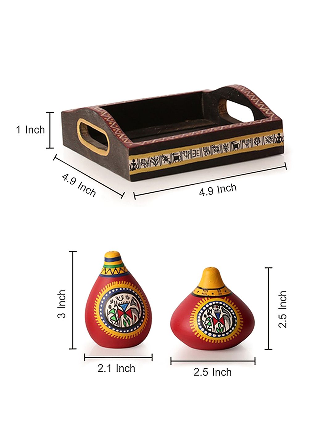 ExclusiveLane Red Terracotta Warli Hand-Painted Salt & Pepper Shaker With Tray (Image - 3)