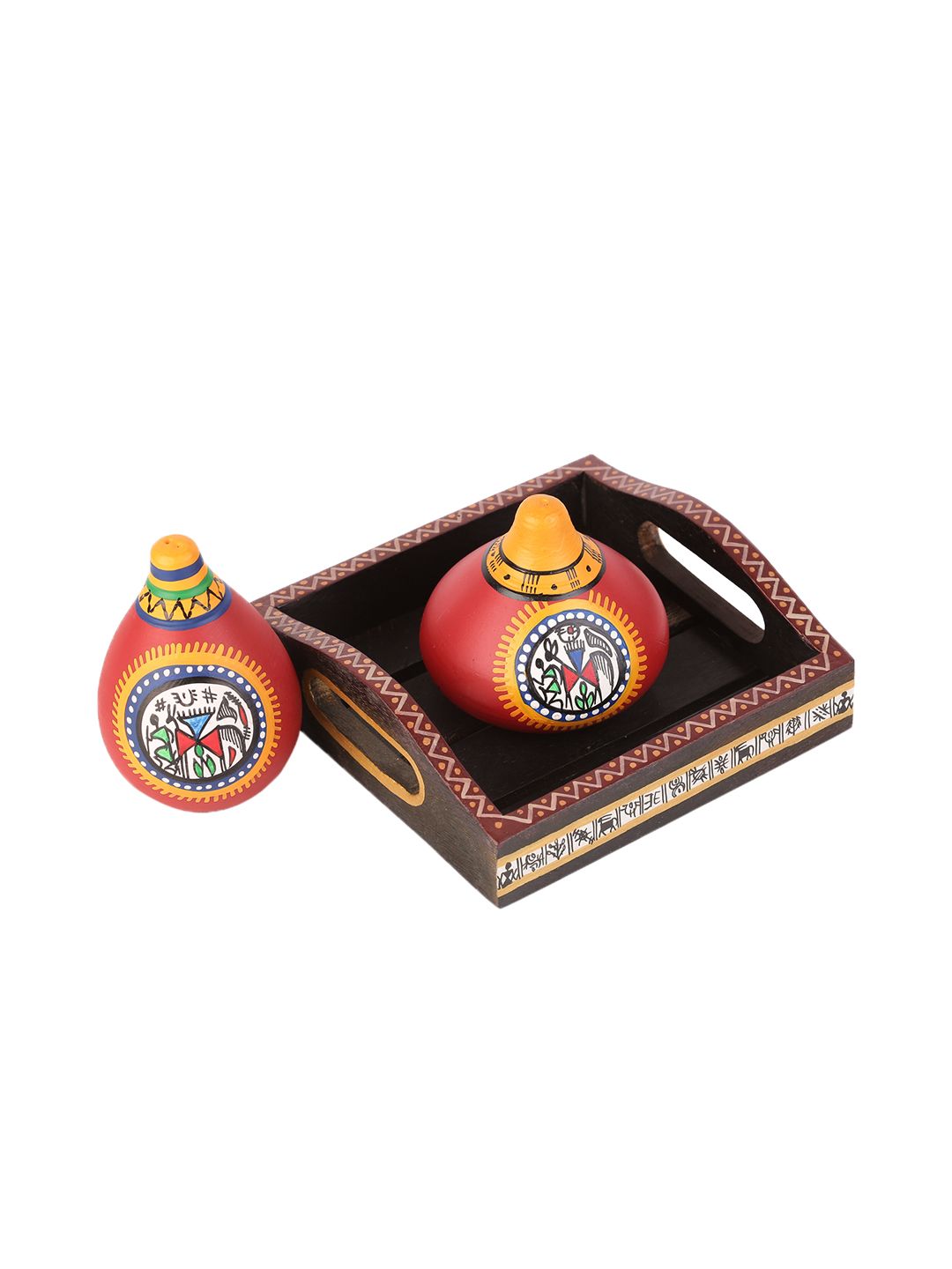 ExclusiveLane Red Terracotta Warli Hand-Painted Salt & Pepper Shaker With Tray (Image - 2)